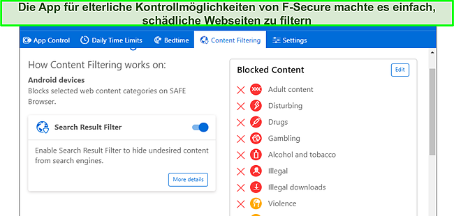 Screenshot der Registerkarte Inhaltsfilterung für die Kindersicherung.