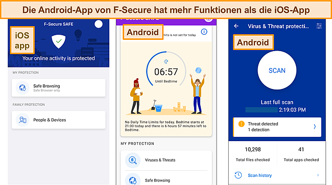 Screenshot der Benutzeroberfläche der F-Secure SAFE Mobile App.