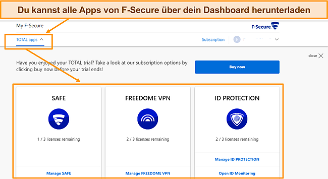 Screenshot der Downloadseite für F-Secure-Apps.
