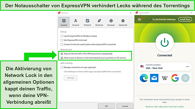 Screenshot der Windows-App von ExpressVPN mit aktivierter Netzwerksperre.