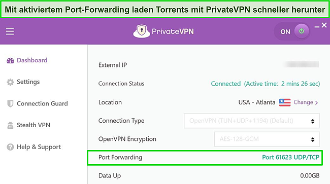 Screenshot der Benutzeroberfläche von PrivateVPN mit aktivierter Portweiterleitungsfunktion.