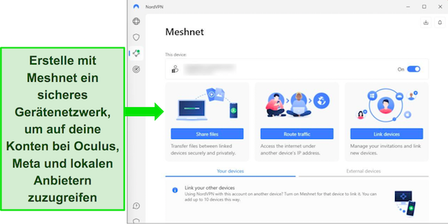 Screenshot der Meshnet-Funktion von NordVPN unter Windows.