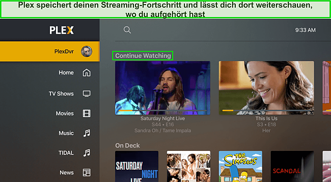 Screenshot der Homepage und des Dashboards von Plex.