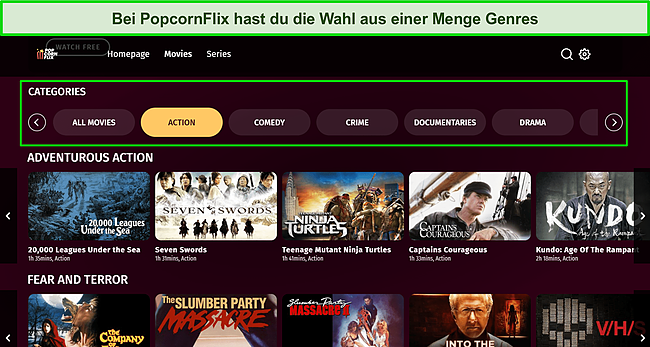 Screenshot der Benutzeroberfläche von PopcornFlix.