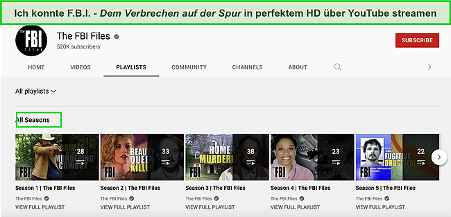 Screenshot des „The FBI Files“-Kanals und der Playlist auf YouTube.