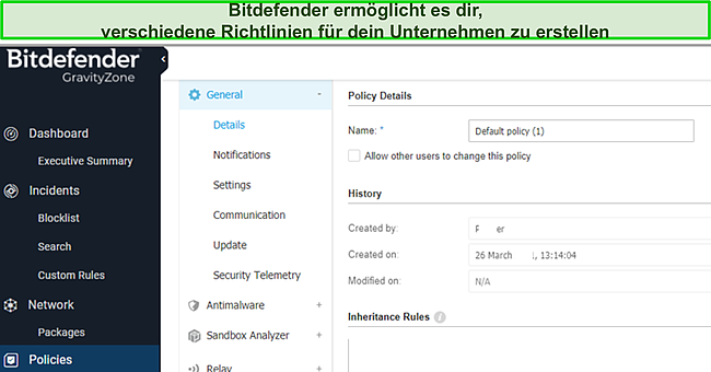 Screenshot der Bitdefender GravityZone-Oberfläche.