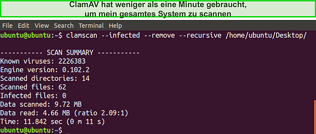 Screenshot des schnellen ClamAV-CLI-Scanners.