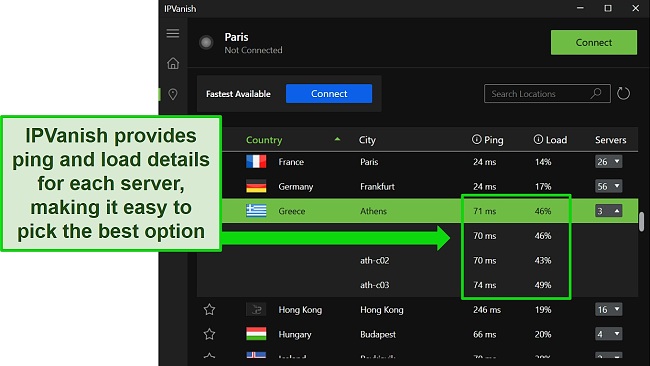 Screenshot of IPVanish's Windows app, showing the individual servers menu and highlighting the ping and user load of the servers