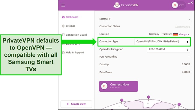 Screenshot of PrivateVPN's Windows app, highlighting the OpenVPN protocol on the app's Dashboard.
