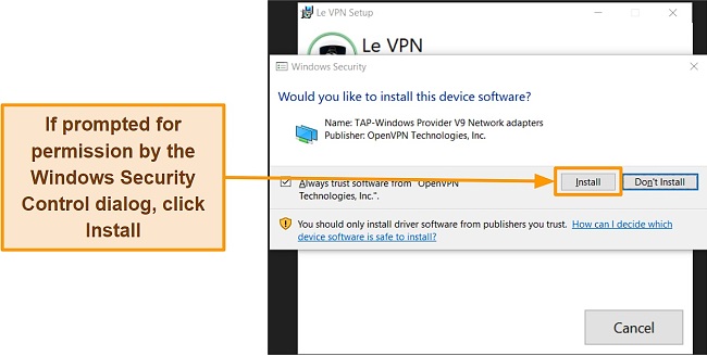 Screenshot of the installation process for Le VPN using the setup wizard