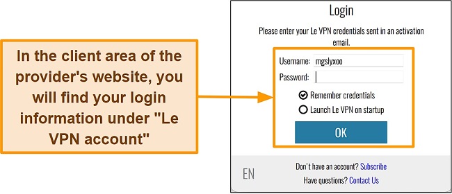 Screenshot of Le VPN's login interface