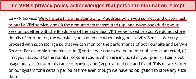 Screenshot of an excerpt from Le VPN's privacy statement