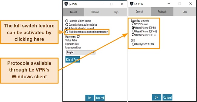 Screenshot of Le VPN's kill switch feature and protocol options