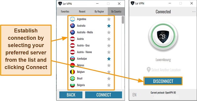 Screenshot of the Le VPN's server and connection interface