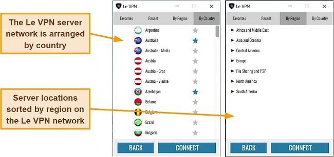 Screenshot of Le VPN's servers sorted by region and country