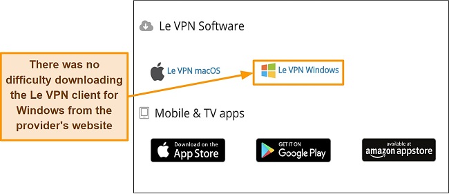 Screenshot of Le VPN's download page for compatible devices