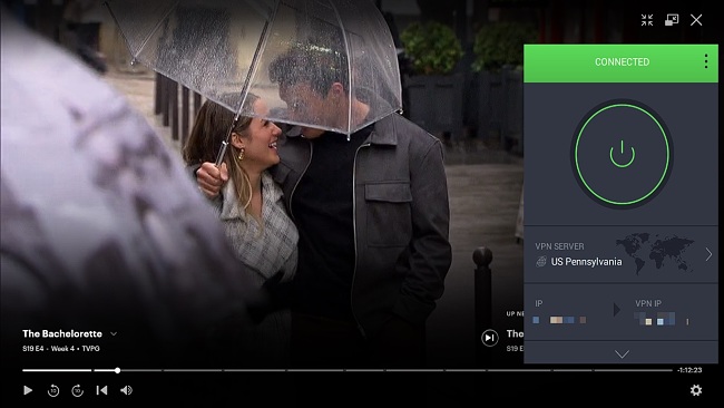 Screenshot of PIA's Pennsylvania server accessing The Bachelorette on Hulu