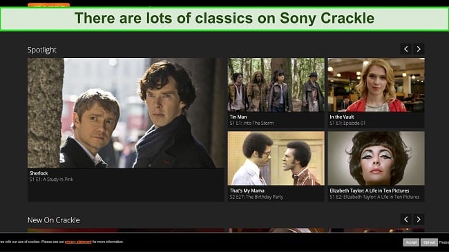 Screenshot of title options on Sony Crackle's home screen