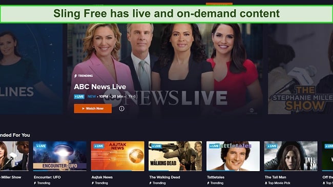 Screenshot of live TV options on Sling TV's home screen