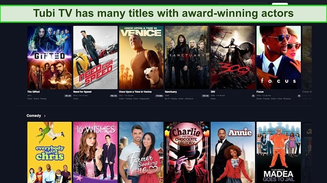 Screenshot of title options on Tubi TV's home screen