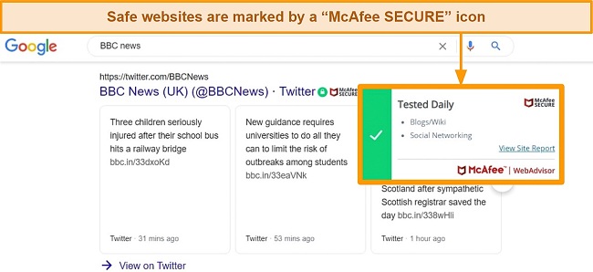 Screenshot of McAfee WebAdvisor showing a safe-to-visit website