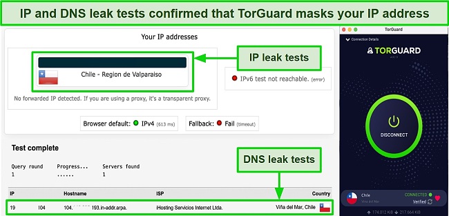 Screenshot of a successful IP/DNS leak test with TorGuard