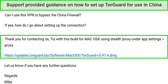 Screenshot of my chat with TorGuard's support about using it in China