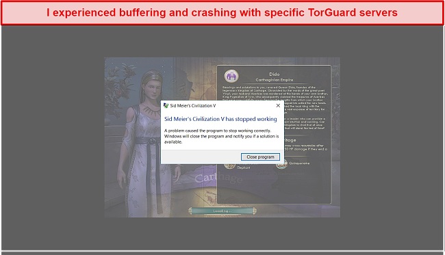 Screenshot of computer game crashing while using TorGuard