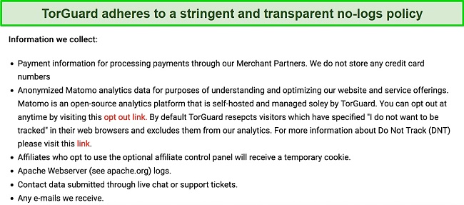 Screenshot of an excerpt of TorGuard's privacy policy