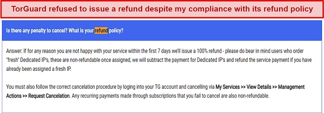 Screenshot of TorGuard's refund policy as outlined in its FAQ page