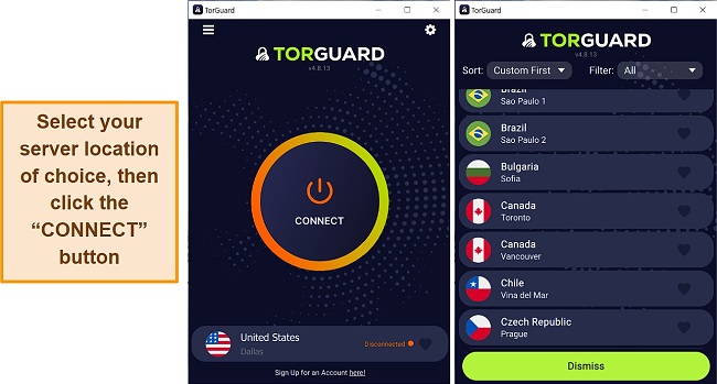 Screenshot of TorGuard's user interface