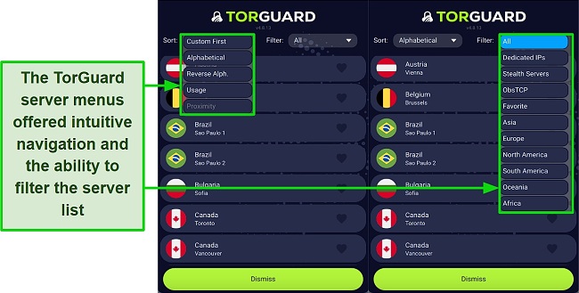 Screenshot of TorGuard's server menus and options