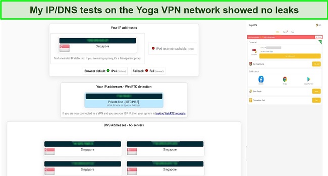 Screenshot of leak test results while using Yoga VPN