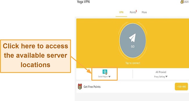 Screenshot of Yoga VPN's user interface