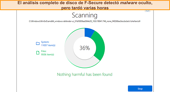 Captura de pantalla del progreso del escaneo de F-Secure.