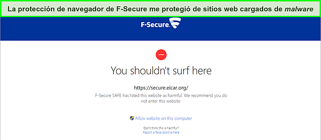 Captura de pantalla de F-Secure bloqueando un sitio web malicioso.
