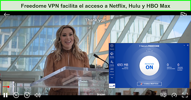 Captura de pantalla de Freedome VPN accediendo a Netflix.