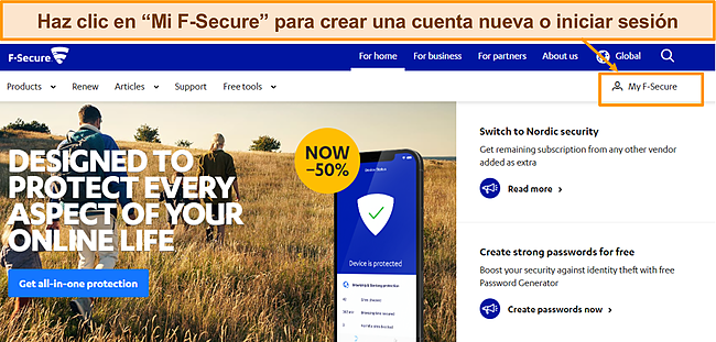 Captura de pantalla de la página de inicio de F-Secure.