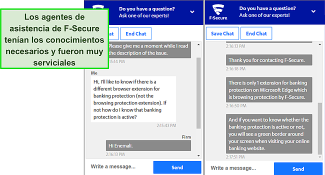 Captura de pantalla de la conversación de soporte de chat en vivo de F-Secure.