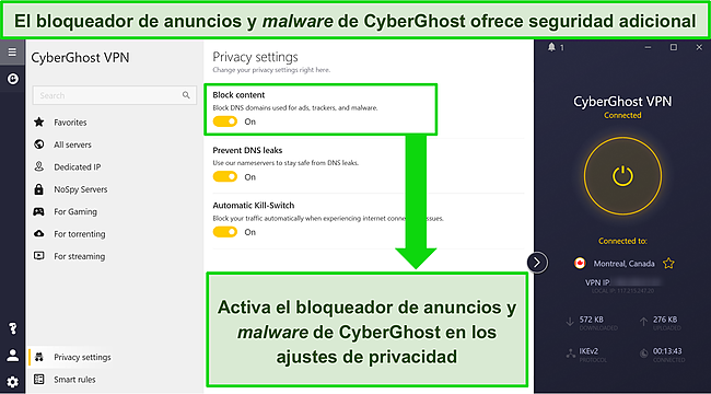 Captura de pantalla de la interfaz de CyberGhost que muestra su bloqueador de publicidad y malware activado.