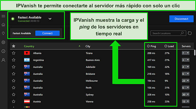 Captura de pantalla de la aplicación de Windows de IPVAnish que muestra la carga y el ping del servidor en tiempo real.
