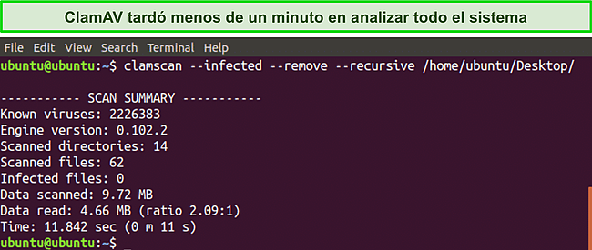 Captura de pantalla del escáner CLI rápido de ClamAV.
