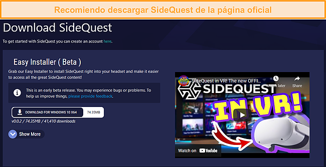 Sitio web oficial de SideQuest.