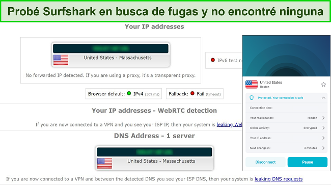 Captura de pantalla que muestra los servidores Surfshark pasando pruebas de fugas para descargas seguras de torrents de música