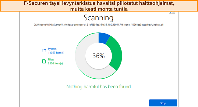 Kuvakaappaus F-Securen skannauksen edistymisest&auml;.