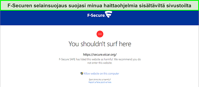 Kuvakaappaus F-Securesta, joka est&auml;&auml; haitallisen verkkosivuston.