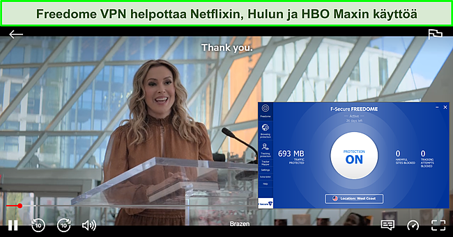 Kuvakaappaus Freedome VPN:st&auml;, joka k&auml;ytt&auml;&auml; Netflixi&auml;.