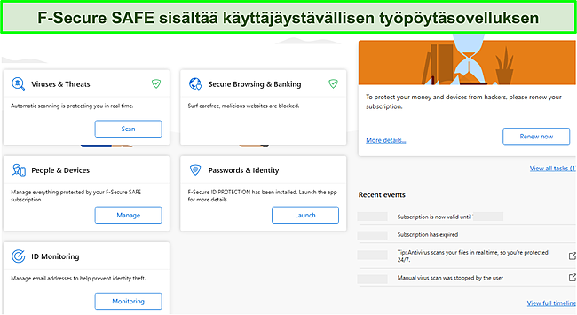 Kuvakaappaus F-Secure SAFE -ty&ouml;p&ouml;yt&auml;liittym&auml;st&auml;.