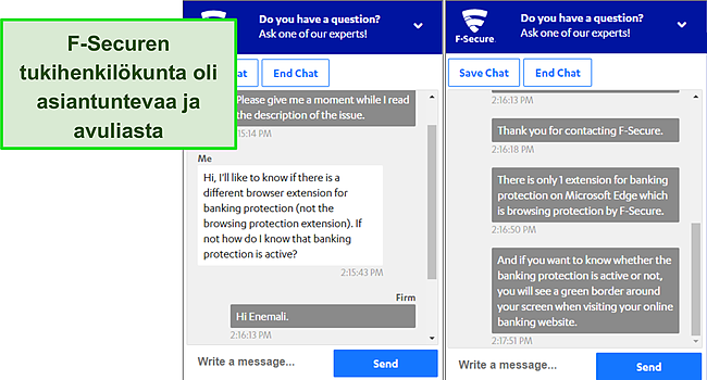 Kuvakaappaus F-Securen live-chat-tukikeskustelusta.