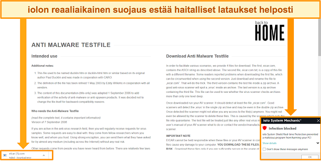 Näyttökaappaus iolosta, joka estää haitallisen tiedoston lataamisen